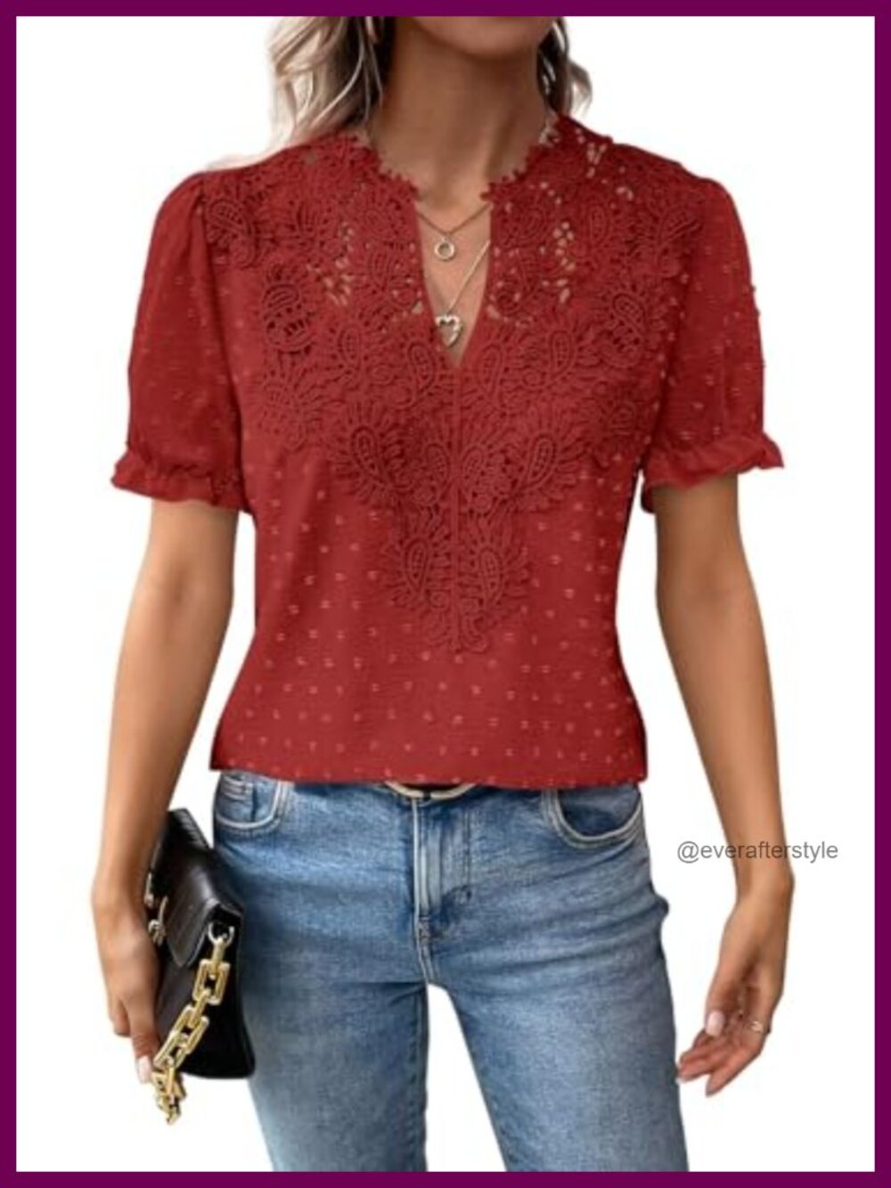Womens V Neck Swiss Dot Short Sleeve Boho Blouse Lace Hem Tunic Top